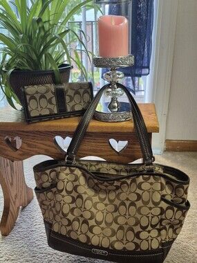 Coach Tan and Brown Signature Canvas Tote with Matching Wallet. GOOD CONDITION